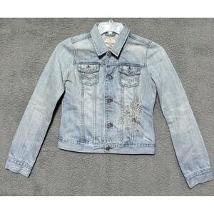 Abercrombie Jean Jacket Authentic Vintage Denim Embroidered Flowers Youth XL‎